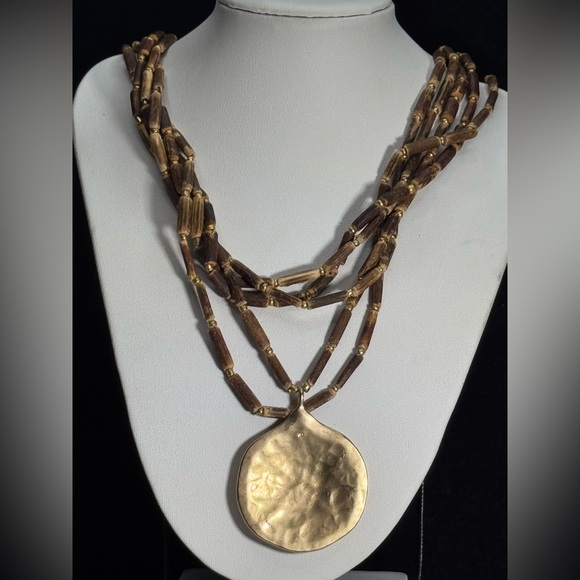 J Jill Wood Beaded Multi Strand Adjustable Necklace W/ Gold Tone Pendant - Picture 1 of 4
